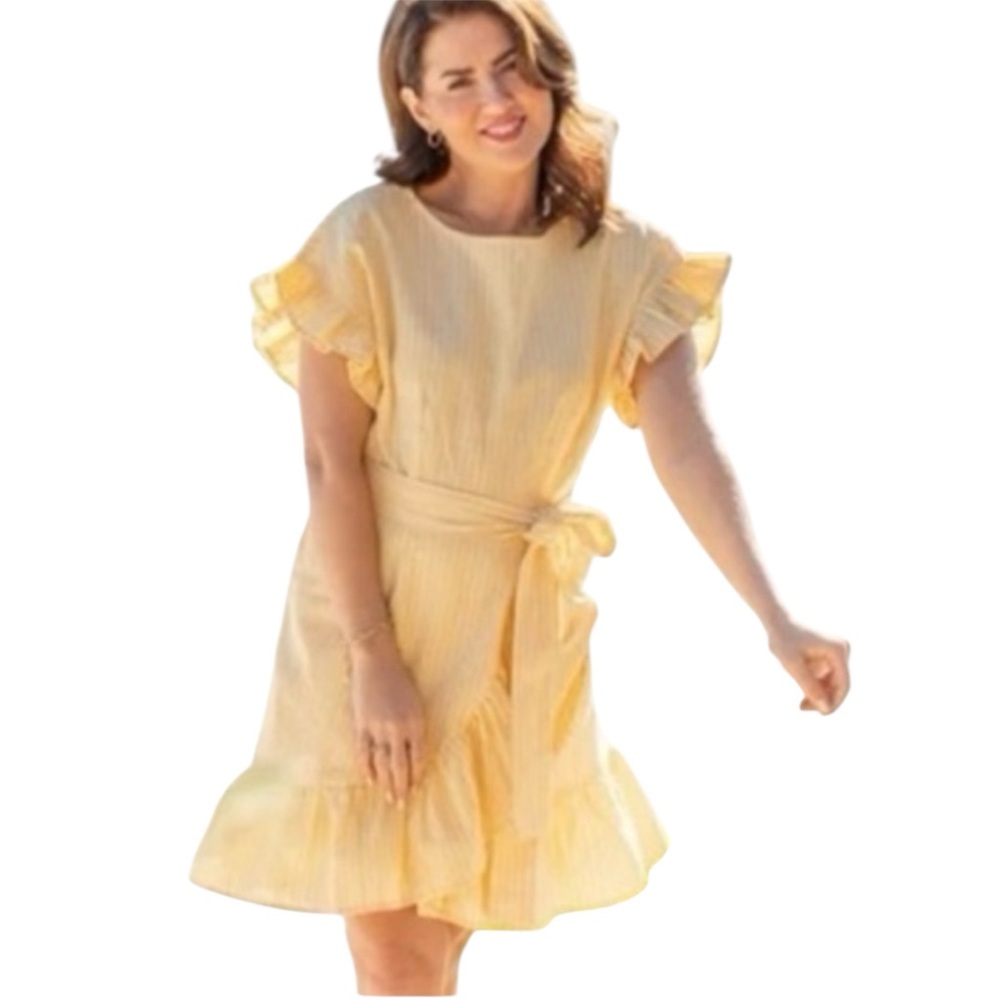 Jillian Harris x Joe Fresh Linen Blend Yellow Striped Ruffle Dress Size Large - Picture 2 of 14
